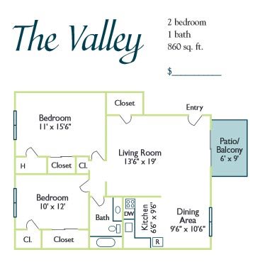 Floor plan for 2 beds, 1 bath, 860 sqft